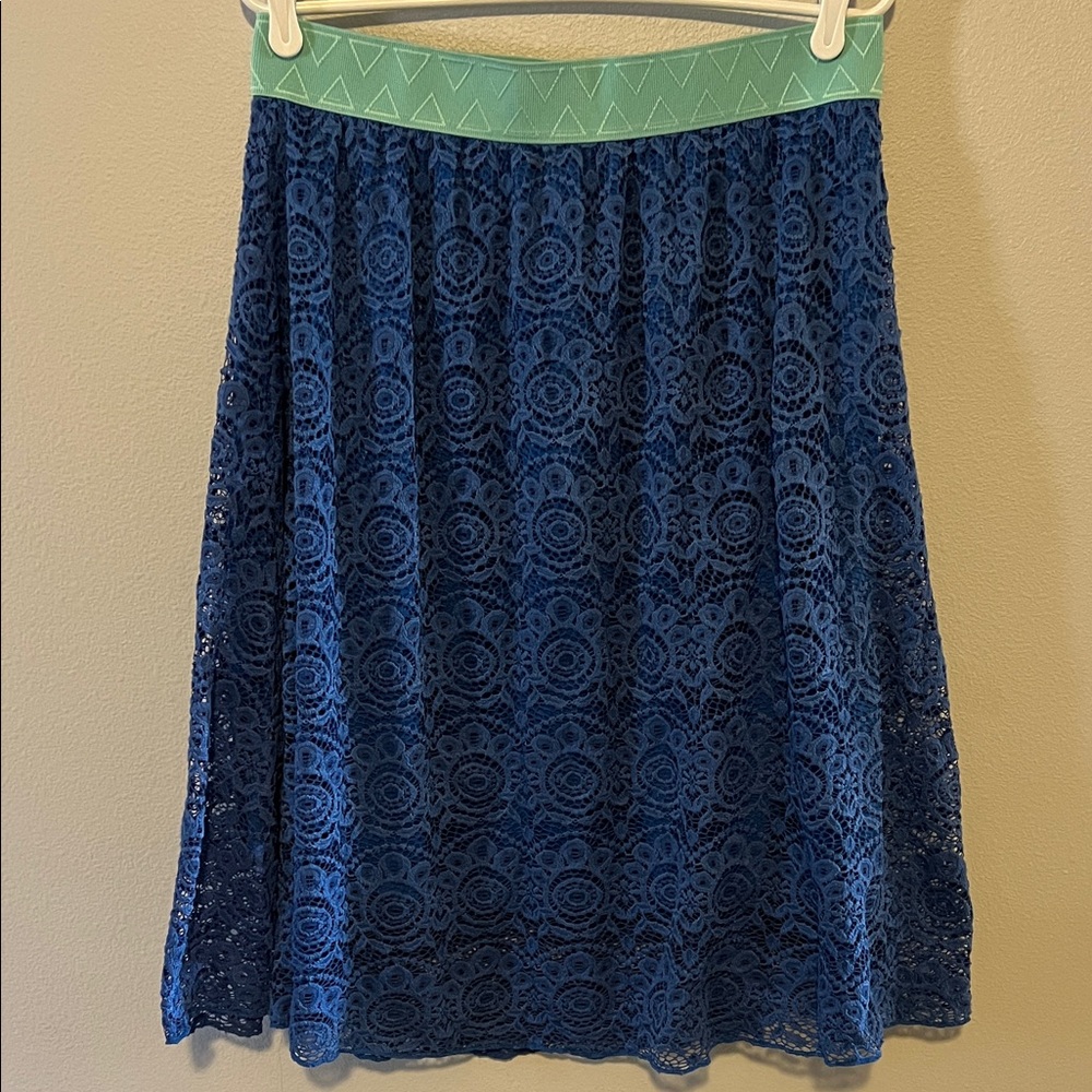 LuLaRoe Blue Lace Lined Lola Skirt with Mint Green Waistband